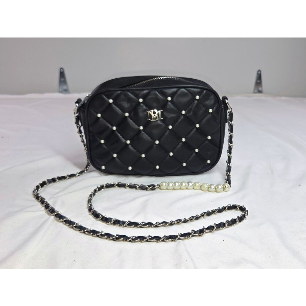 Badgley Mischka Quilted Crossbody Clutch Purse Black Pearls Faux Vegan Leather